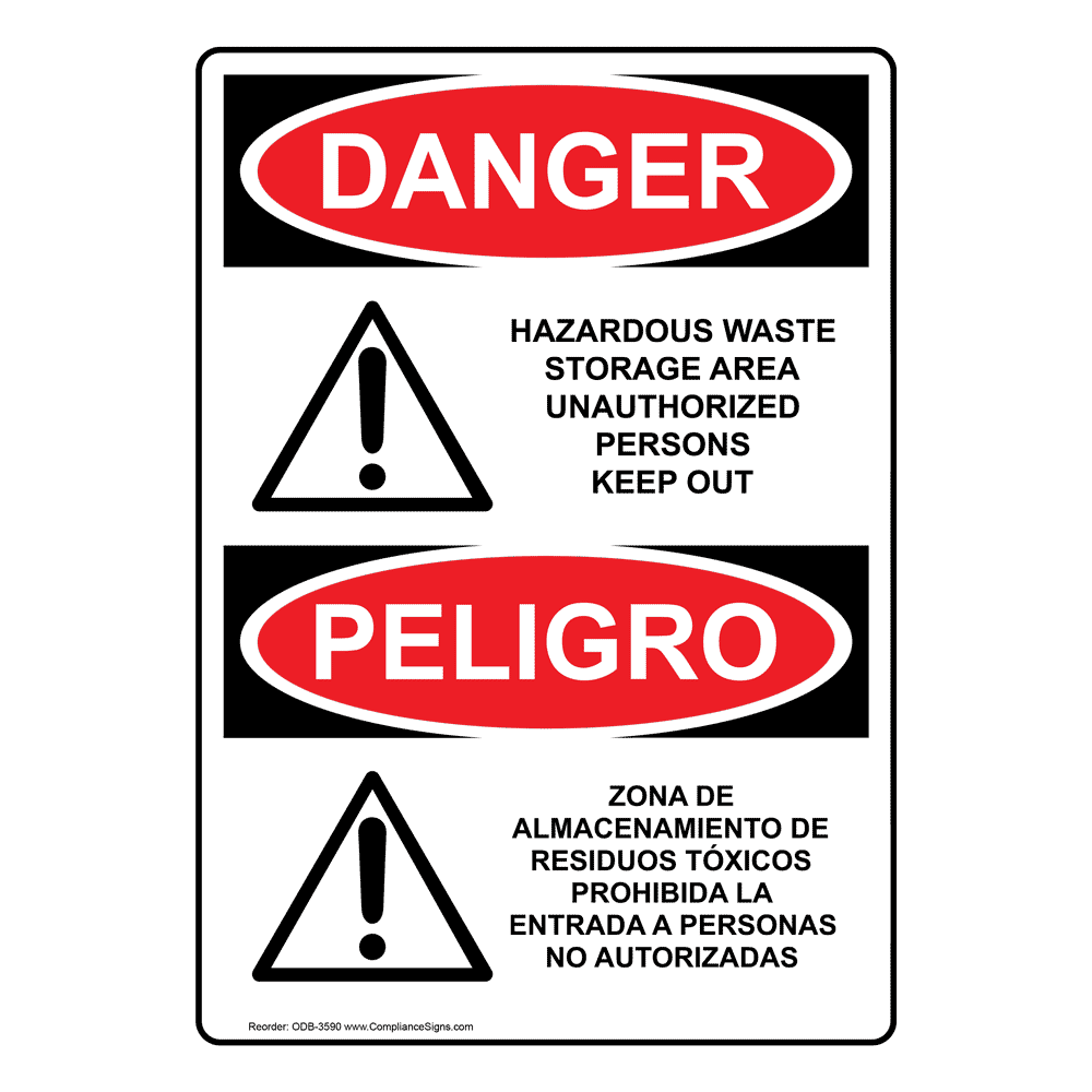 Vertical Hazardous Waste Storage Area Bilingual Sign - OSHA DANGER