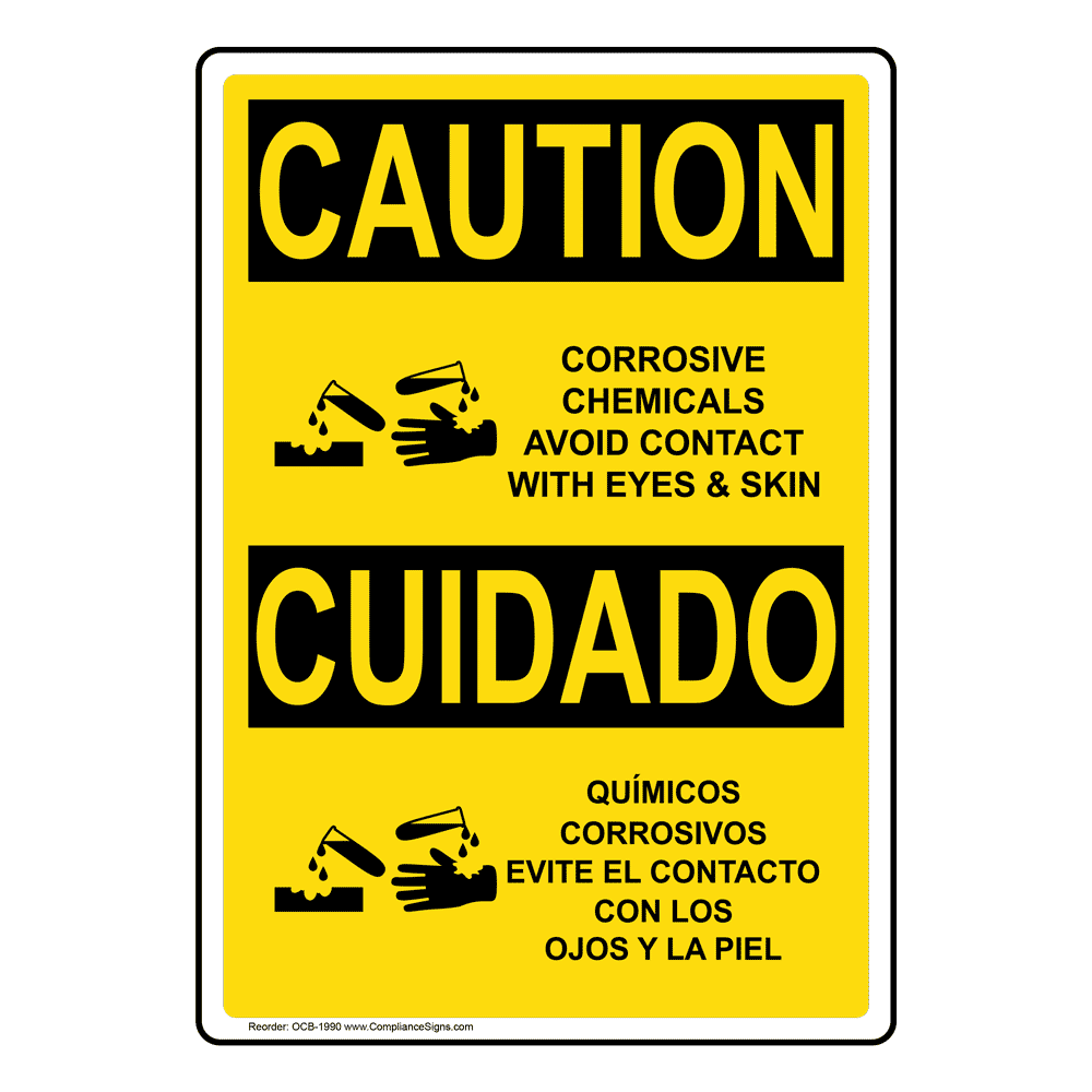 Vertical Corrosive Chemicals Avoid Contact Bilingual Sign OSHA CAUTION