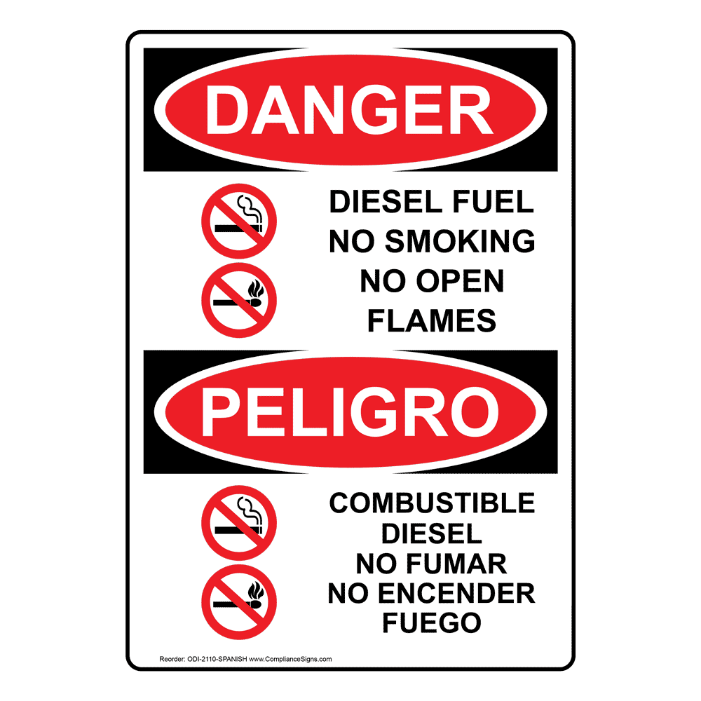 White OSHA Diesel Fuel No Smoking No Open Flames Sign