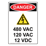 Portrait OSHA 480 VAC 120 VAC 12 VDC Sign With Symbol ODEP-28591
