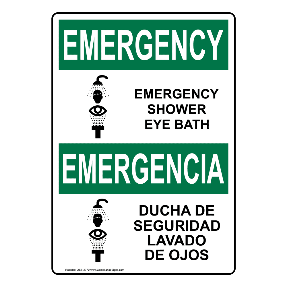Accuform SBMFSR510MXT Spanish Bilingual LegendEMERGENCY SHOWER AND EYE WASH Sign Black on White 0.060 Thickness 14 Wide 10 Height Dura-Plastic 10 Length 