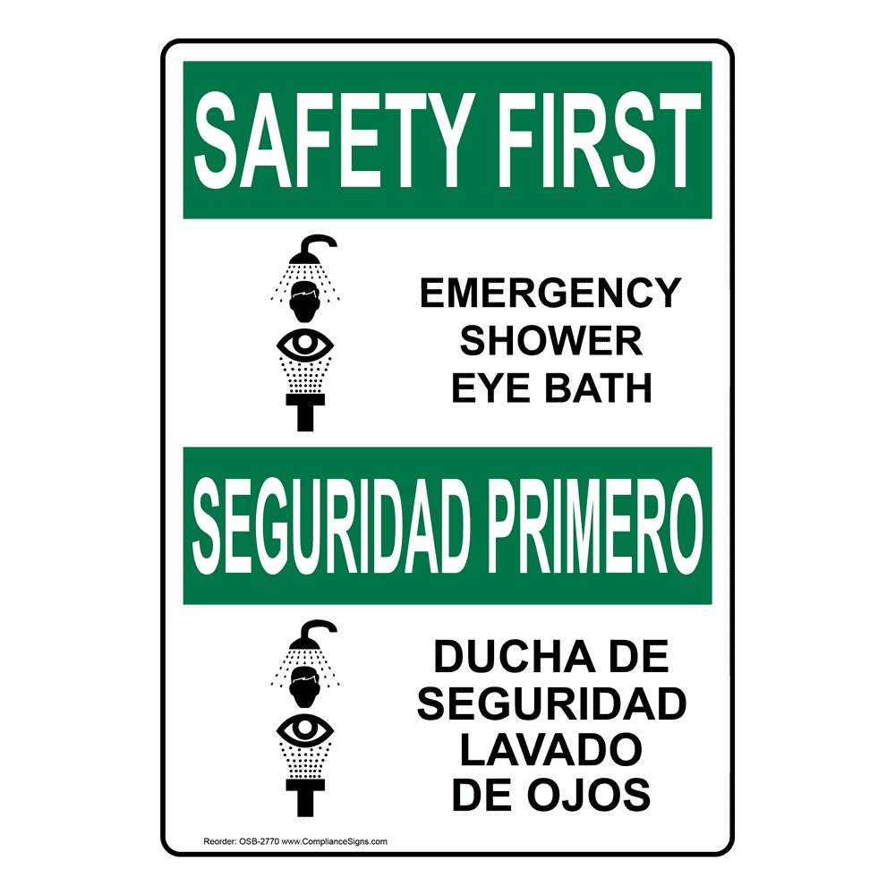Vertical Emergency Shower Eye Bath Bilingual Sign - OSHA SAFETY FIRST