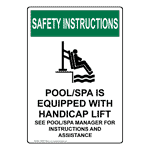 Portrait OSHA Pool/Spa Is Equipped Sign With Symbol OSIEP-16954
