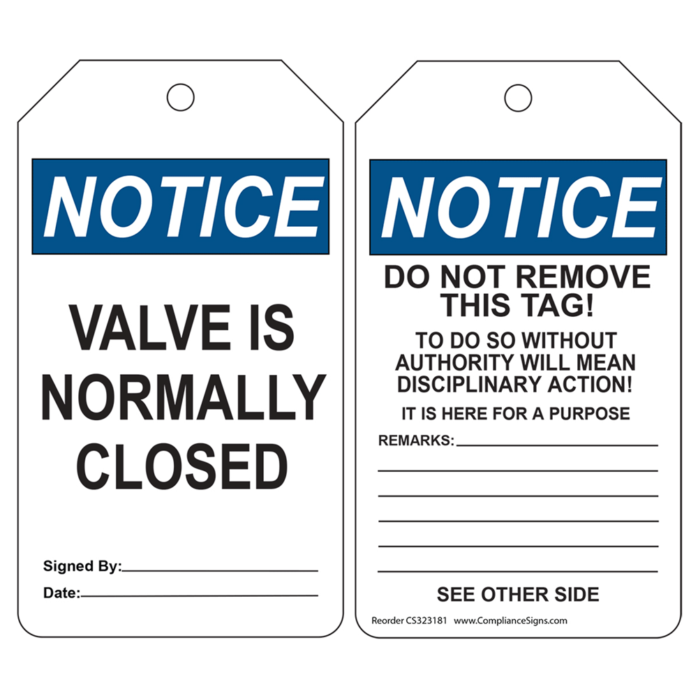 OSHA Notice Valve Normally Closed Remarks Safety Tags