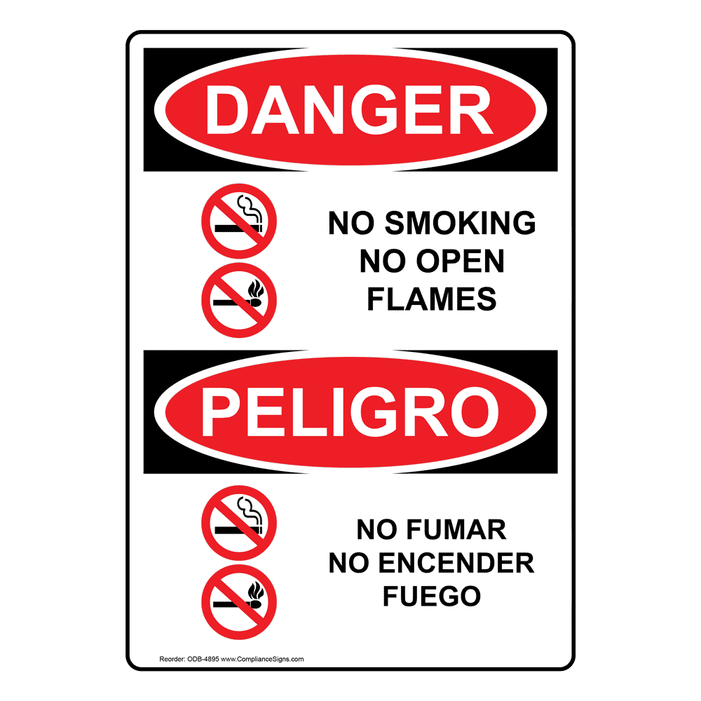 Vertical No Smoking No Open Flames Bilingual Sign - OSHA DANGER