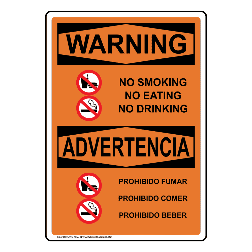Vertical No Smoking Eating Drinking Bilingual Sign - OSHA WARNING