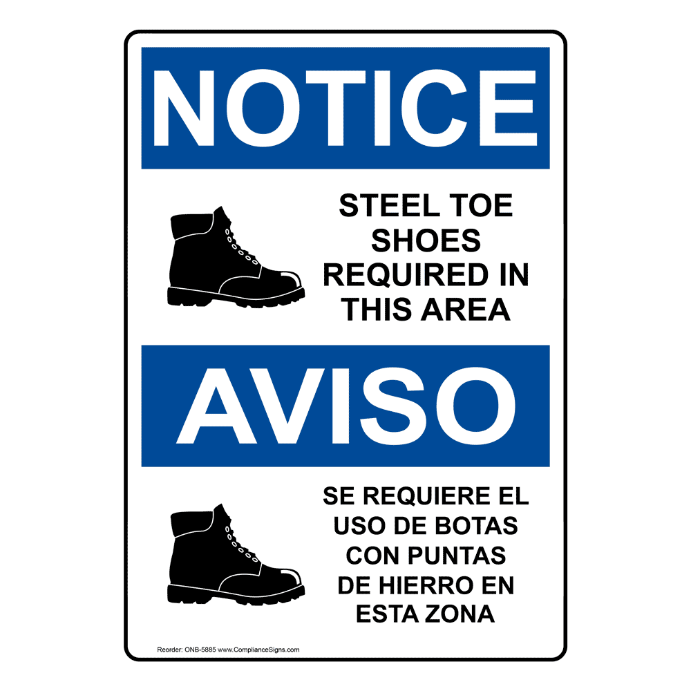 Vertical Steel Toe Shoes Required Area Bilingual Sign - OSHA NOTICE