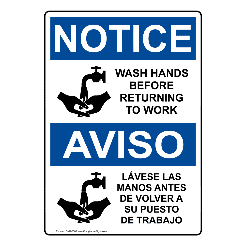 Vertical Wash Hands Before Returning Work Bilingual Sign - OSHA NOTICE