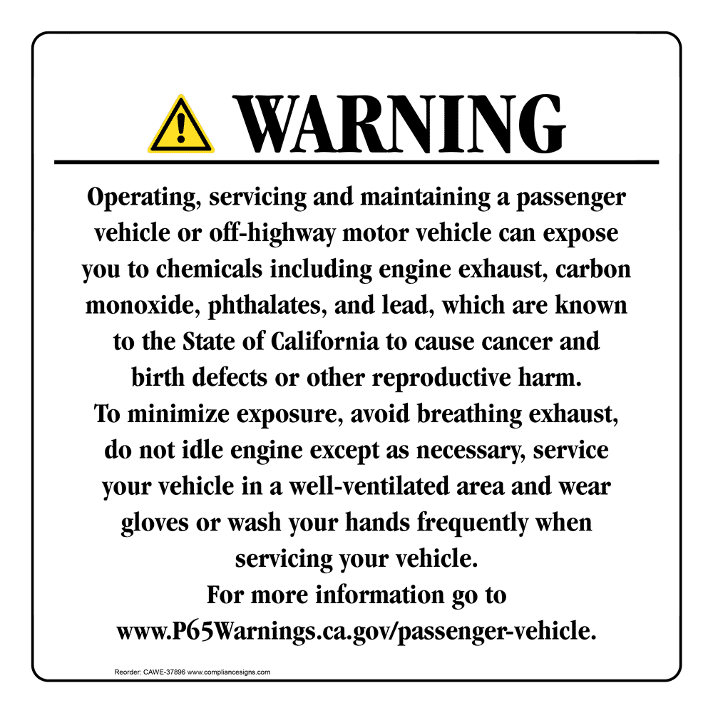 GasolineEngineExhaust Warning Sign CA Prop 65 US Made