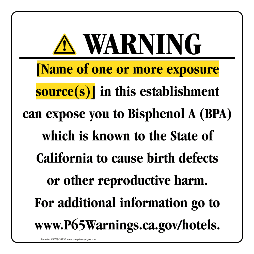 CA Prop 65 Hotel Warning Sign - Bisphenol-A