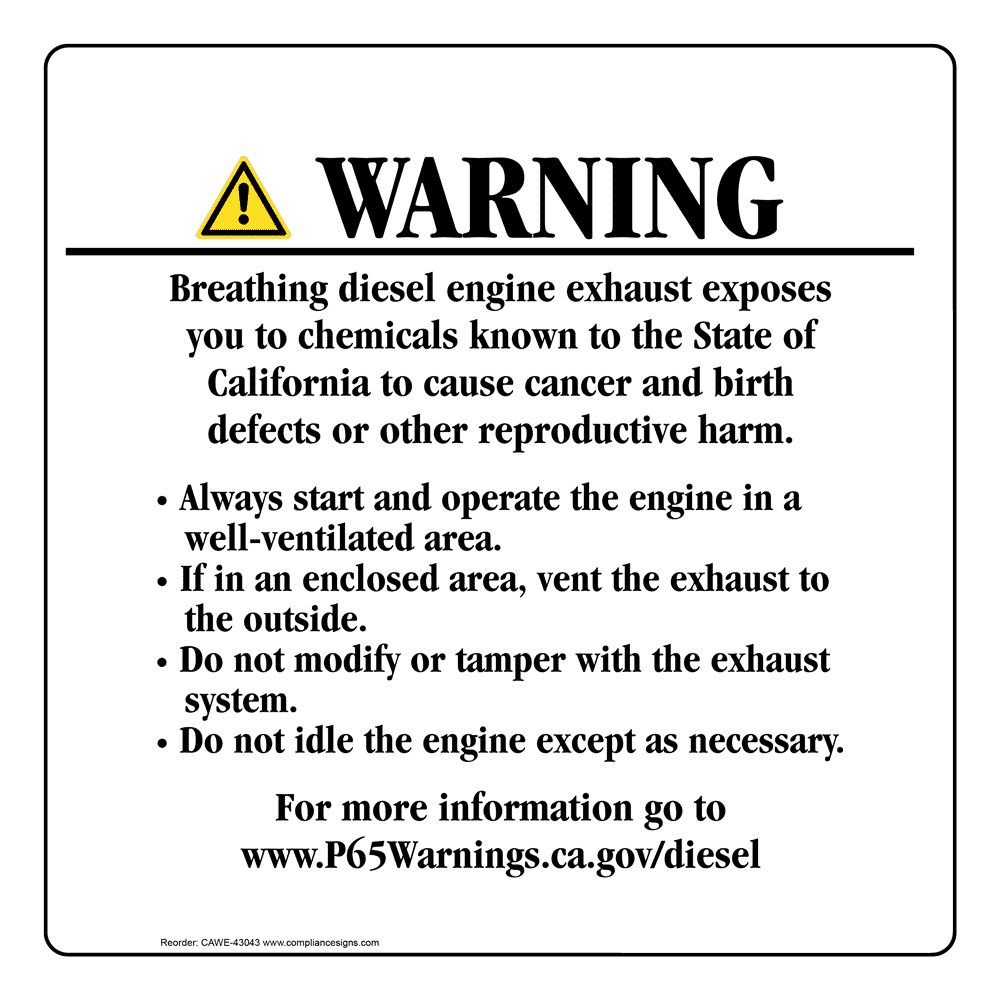 DieselEngineExhaust Diesel Warning Sign CA Prop 65 US Made
