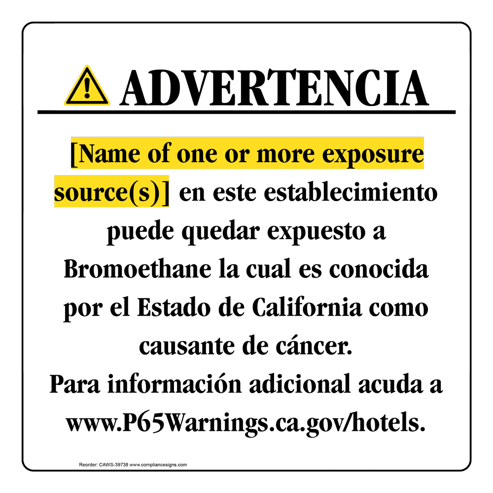 Spanish California Prop 65 Hotel Warning Sign CAWS-39738