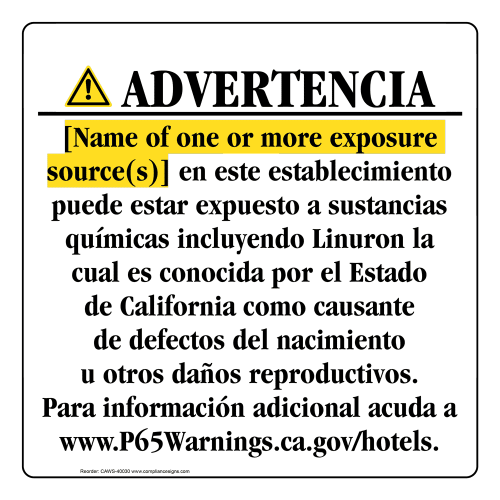 Spanish California Prop 65 Hotel Warning Sign CAWS-40030