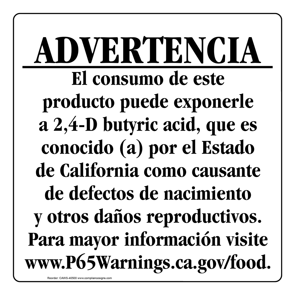 Spanish California Prop 65 Food Warning Sign CAWS-40500