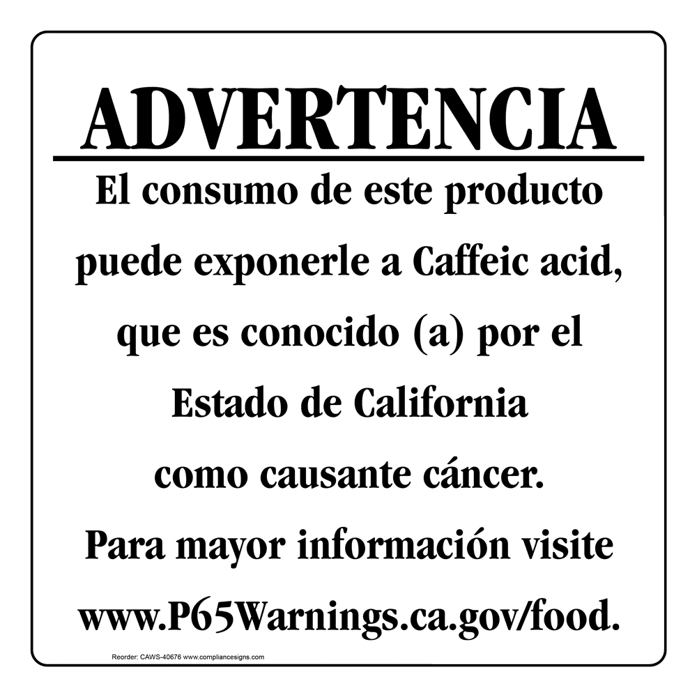 Spanish California Prop 65 Food Warning Sign CAWS-40676