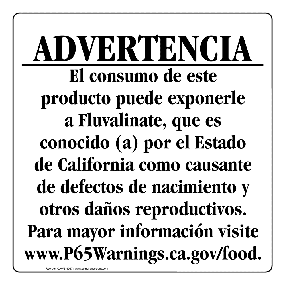 Spanish California Prop 65 Food Warning Sign CAWS-40874