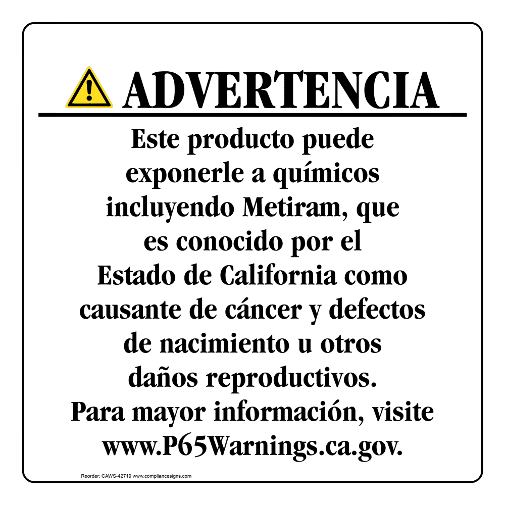 Spanish Prop 65 Product Warning Sign / Label metiram