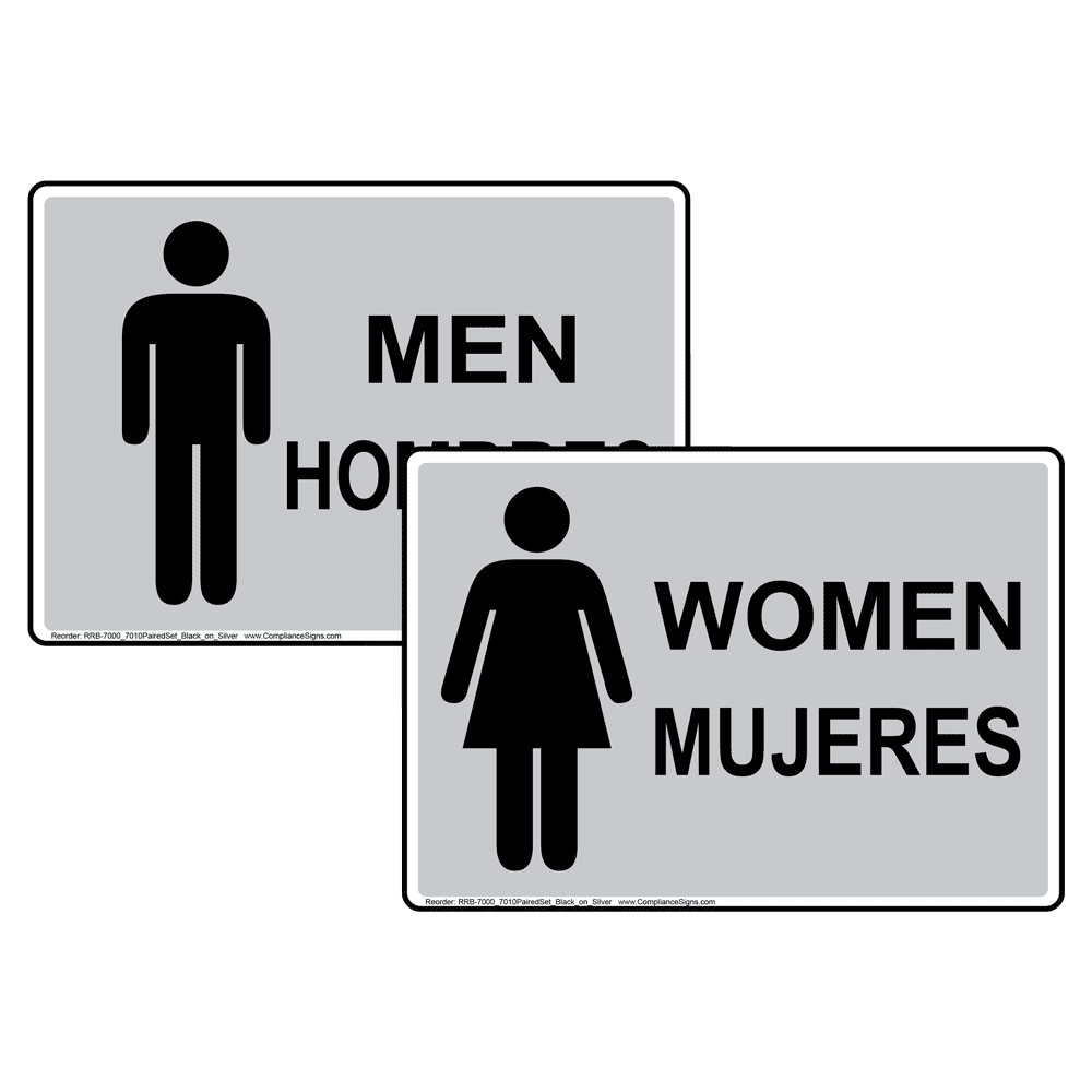 Silver MEN HOMBRES + WOMEN MUJERES Sign Set With Symbols
