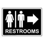 Black Restrooms [Right Arrow] Sign With Symbol RRE-6982-White_on_Black