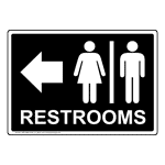 Black Restrooms [Left Arrow] Sign With Symbol RRE-6984-White_on_Black