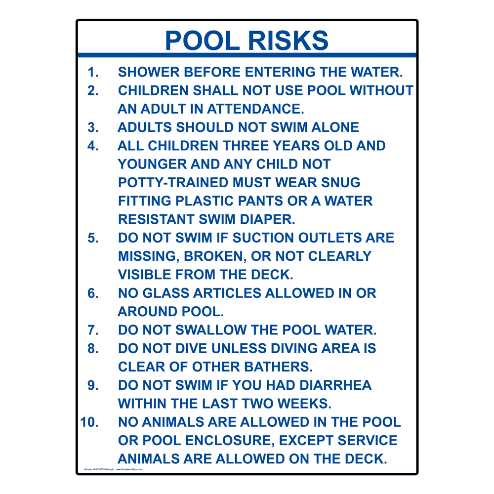 Vertical Pool Risks Sign Recreation Policies / Regulations