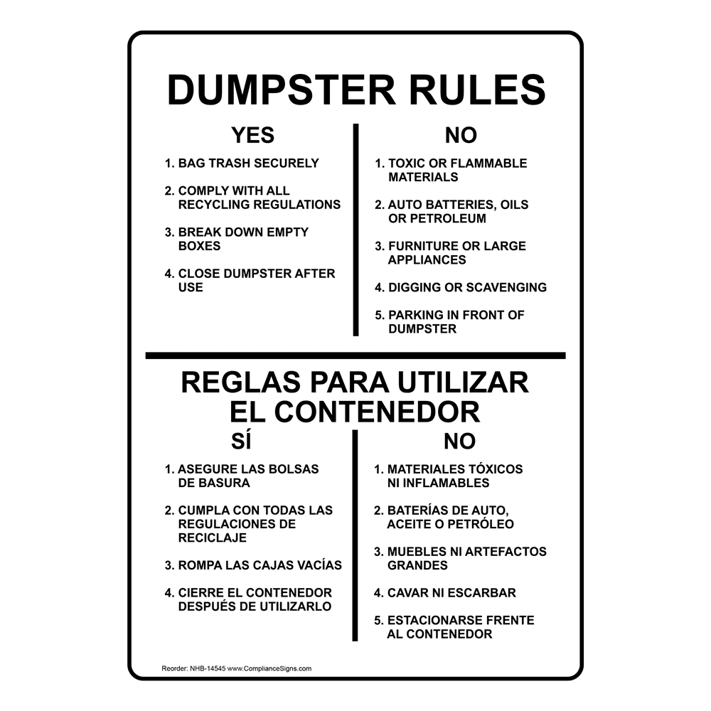 English Spanish Vertical Sign Dumpster Dumpster Rules