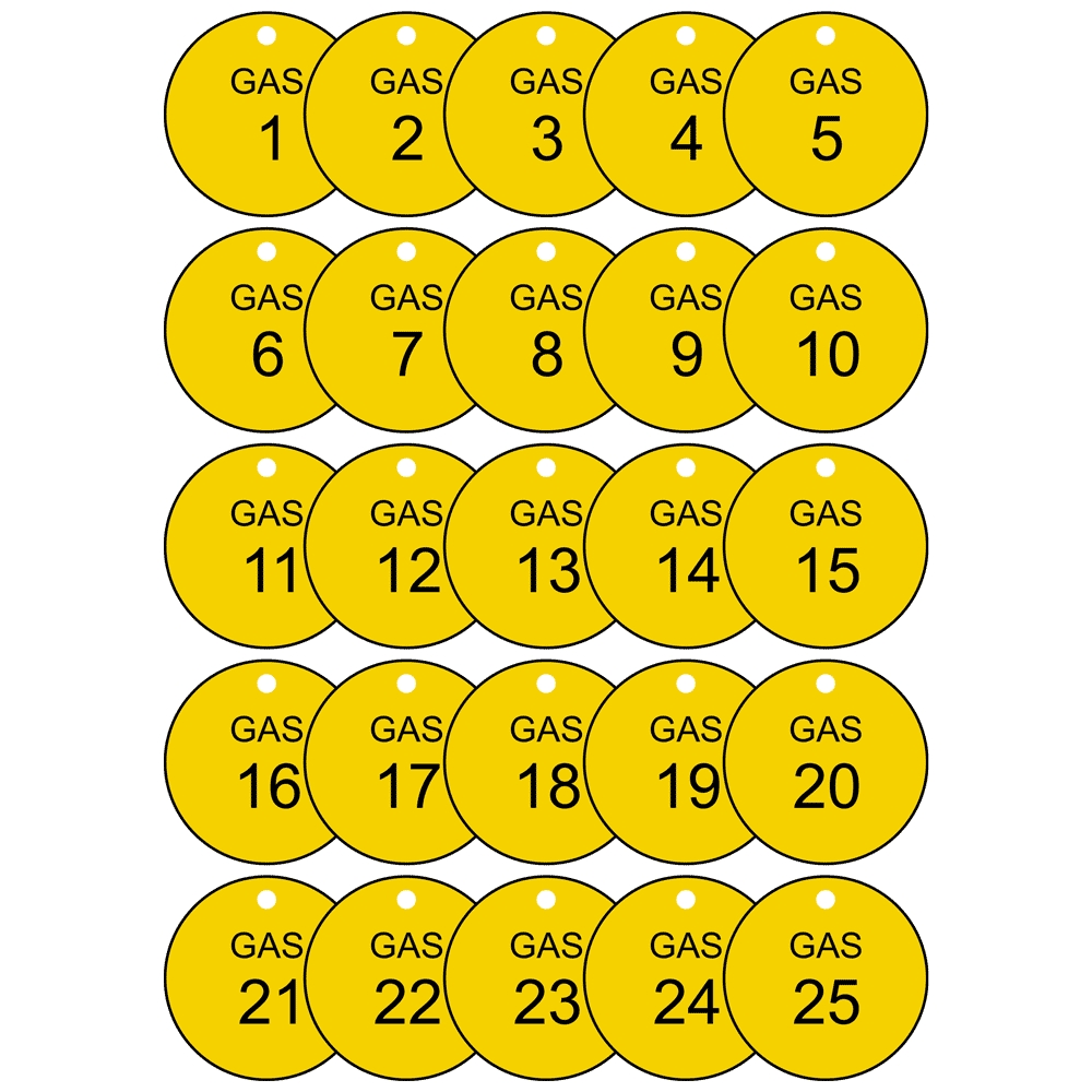 Numbered Valve Marker Tags Set Gas 125 Yellow