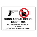 Guns And Alcohol Don't Mix Valid Conceal Carry Permit Sign NHE-18482