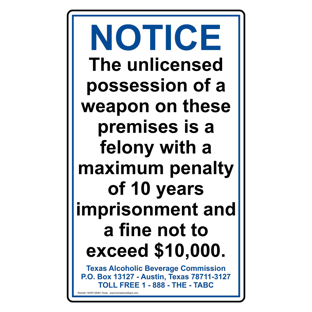 Texas Notice Unlicensed Weapon Possession Sign NHEP-28287-TX