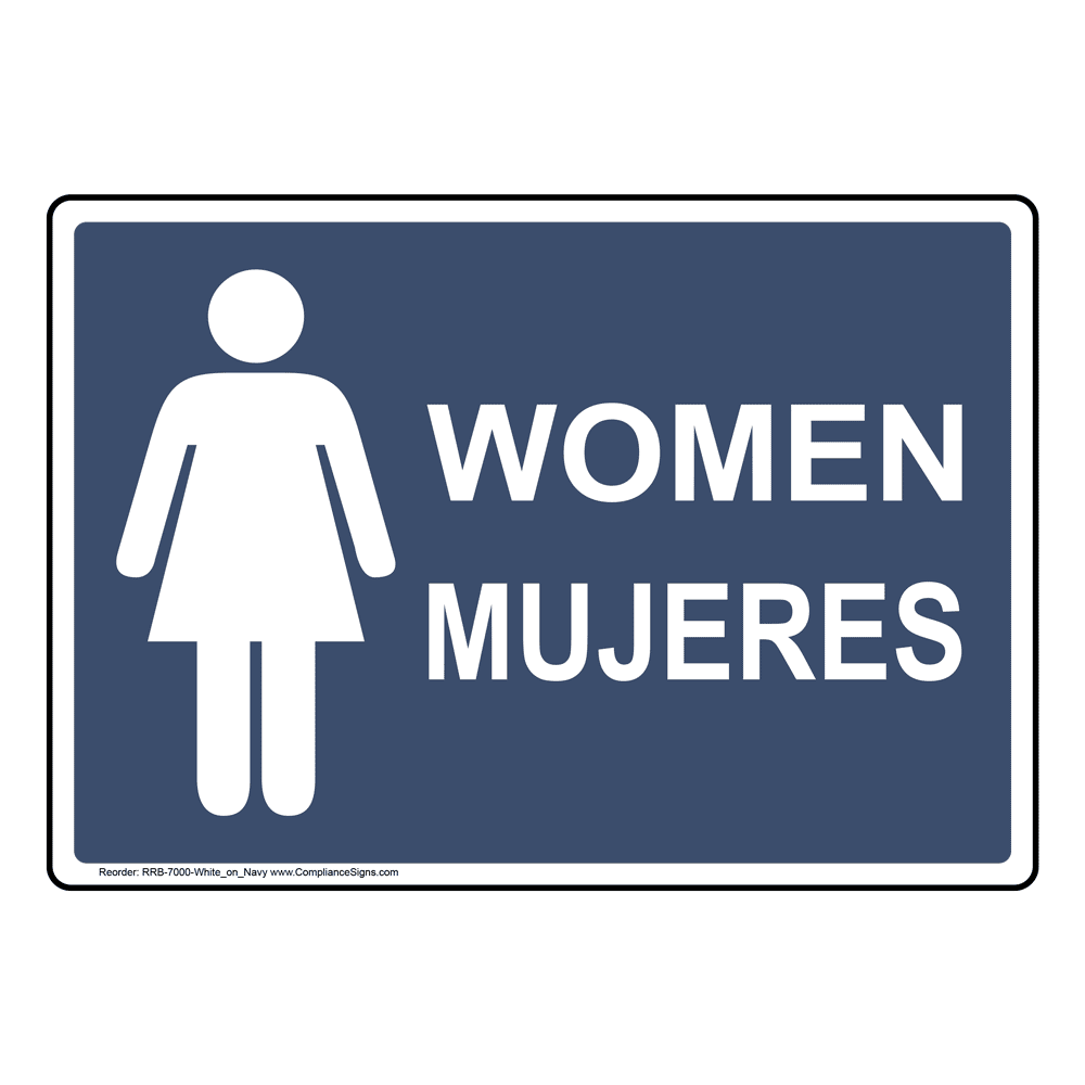 English + Spanish Restrooms Sign With Symbol - Women - Mujeres - Navy