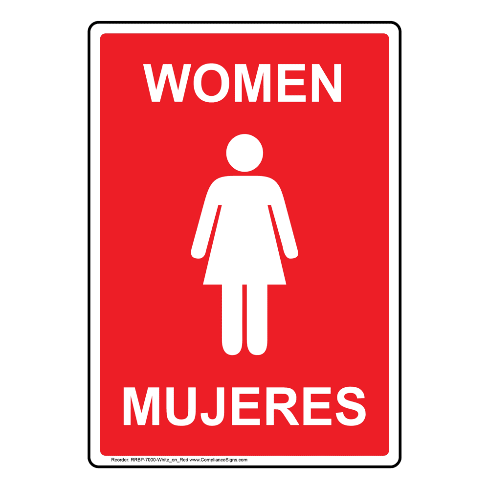 Weatherproof Plastic Vertical ADA Women Mujeres Accessible Restroom Sign with English & Spanish Text and Symbol 